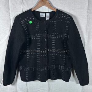 Villager Sport Liz Claiborne Black 100% Wool Plaid Button Front Cardigan Size M